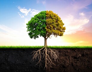 Obraz premium Two-toned tree showing roots below the ground, bright sky