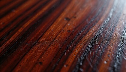 Deep mahogany wood grain with glossy finish shows detailed texture. Rich brown surface with light reflections, natural patterns, and slight imperfections.