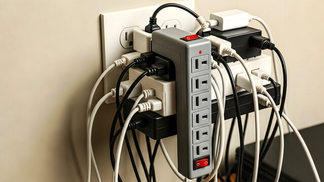 Overloaded power strip with multiple cords and devices plugged into a wall outlet in a cluttered environment