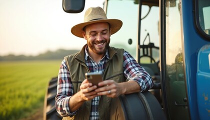Smiling farmer in straw hat uses smartphone while resting near blue tractor in green field at sunset. Man enjoys break from farm work chatting and texting on mobile device with outdoor backdrop.