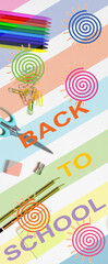 Fototapeta premium Zenith view. School supplies, various accessories in full color, back to school. In vertical. 