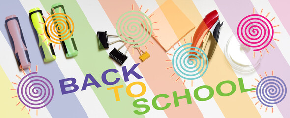 Zenith view. School supplies, various accessories in full color, back to school.