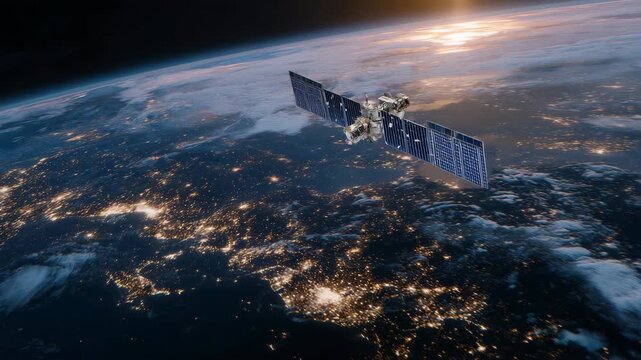 13Dynamic view of a satellite orbiting Earth at dusk, golden sunlight illuminating clouds and ocean curvature, symbolizing advanced technology enabling worldwide communication