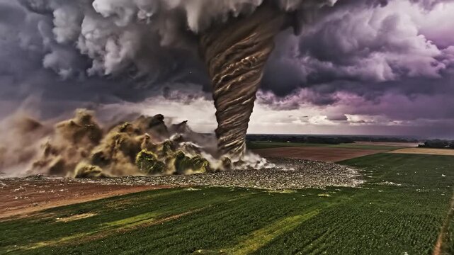 Massive Tornado Forming Over Green Fields Under Dark Storm Clouds