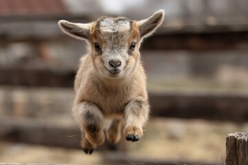 Fototapeta premium A fluffy baby goat kid leaps and runs energetically towards the camera, showing a playful and curious expression.
