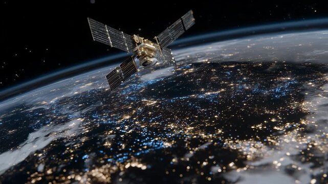 14Futuristic satellite circling the Earth, golden ambient light highlighting the thin atmospheric layer, connecting the globe with a sense of digital and technological interlink