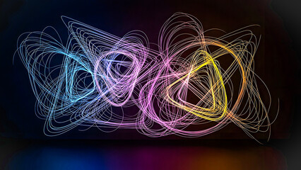 Vibrant abstract neon swirls dance in a dark space viewed from a frontal perspective