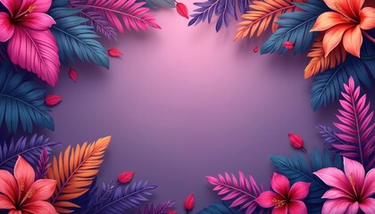 Vibrant tropical leaves and hibiscus flowers frame a soft pink gradient background. This floral border design offers copy space for text, perfect for invitations, cards, or summer promotions.