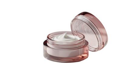 Open Glass Cosmetic Cream Jar, Angled Perspective, Realistic 3D Skincare Mockup Isolated on Transparent Background PNG