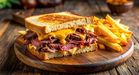 Delicious Roast Beef Sandwich with Cheese and French Fries