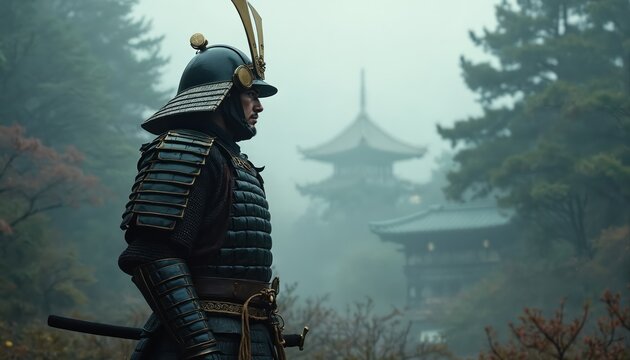 Japanese samurai in full armor stands in a foggy forest near ancient temples. A warrior with katana looks into distance, wearing helmet and traditional clothing.