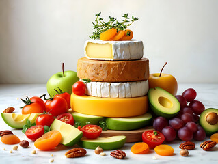 A stack of cheese and fruit on a wooden board with apples and vegetables transparent background
