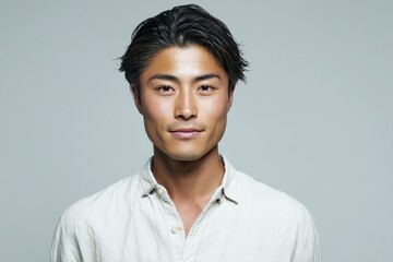 Handsome man with black hair, decent looks, pale skin and natural makeup look with light eyeshadow wearing casual style white shirt for daily fashion and personal portrait.