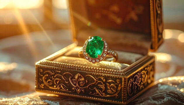 Luxurious emerald ring with diamonds nestled in an ornate vintage jewelry box, bathed in warm, golden light, symbolizing opulence and preciousness