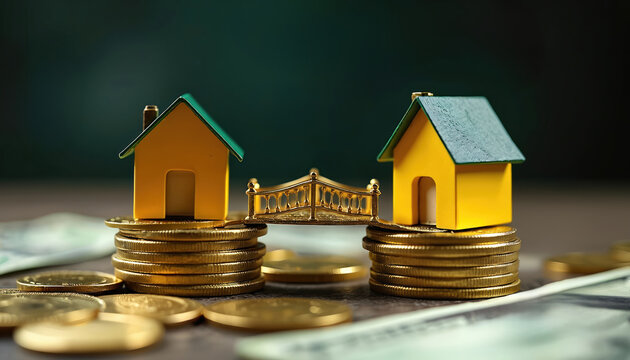 Miniature yellow houses on stacks of gold coins connected by a small ornate bridge. Money and housing finance concept with property investment and savings.