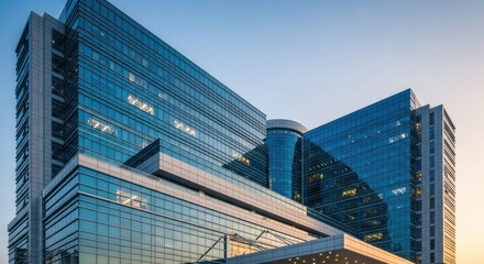 Naklejka premium Modern glass office building with reflective blue facade against sky.