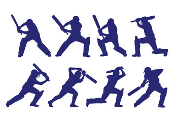 Dynamic collection of cricket batsman silhouettes demonstrating various batting stances and actions