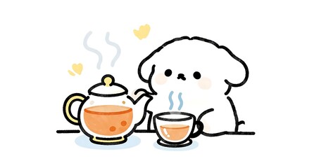 Obraz premium 温かい紅茶を淹れてティータイムを楽しむ犬のイラスト