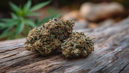 19Macro view of cannabis buds resting on wooden surface, visible resin crystals, organic color palette, calm and informative tone highlighting natural remedies