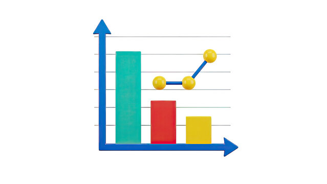 3D Bar Chart with Line Graph and Arrows on transparent background