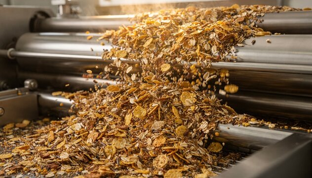 Medium shot of multigrain and glutenfree flakes blending on a production line capturing the mixture of textures and colors as machines gently roll and toast the healthy grain