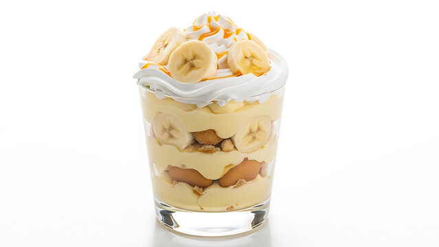 banana pudding with whipped cream in a glass cup transparent background