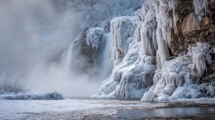 Frozen waterfall with icicles and mist in a winter landscape image