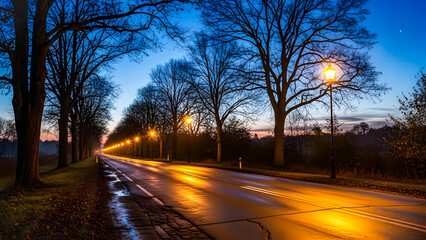 A serene evening scene of a wet road lined with trees under streetlights at dusk