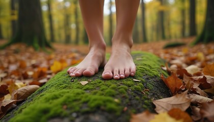 Bare feet stand on mossy log in autumn forest. Fallen leaves carpet ground. Person connects with nature ground beneath toes. Serene woodland walk.