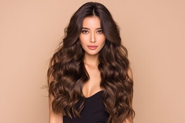 Naklejka premium Beautiful woman with long brown wavy hair, luxurious healthy hairstyle, black dress, soft lighting highlighting natural skin tone on beige background for beauty and fashion portrait.