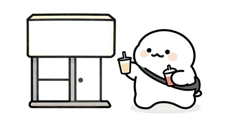 Naklejka premium お店でドリンクを買って持ち歩く可愛いキャラクターのイラスト