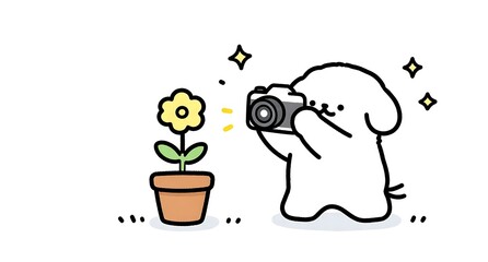 カメラで花の写真を撮る可愛い犬のキャラクター