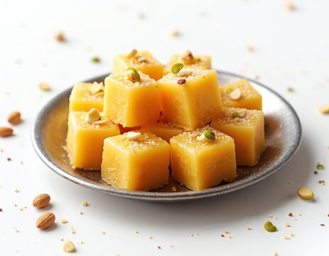Yellow Indian sweet Mysore pak cubes served on metal plate. Ghee dessert garnished with nuts and spices. Traditional Asian sugar confection on white background. Tasty treat.