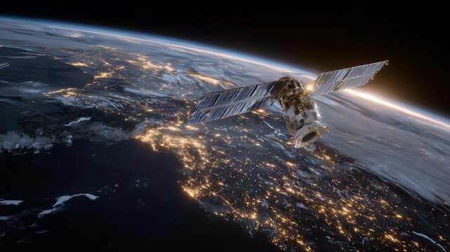 20Satellite orbiting Earth at sunrise, metallic body reflecting warm golden tones, planet&rsquo;s curvature visible with luminous cloud layers, emphasizing technological link across contin