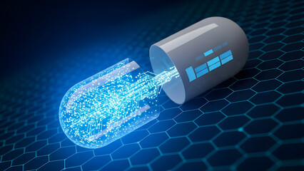 Open digital capsule revealing intricate glowing blue circuit board pathways and data transfer inside against a dark honeycomb background symbolizing nanotechnology and future medicine.