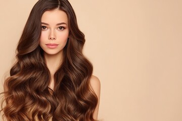 Naklejka premium Beautiful woman with long brown wavy hair, luxurious healthy hairstyle, black dress, soft lighting highlighting natural skin tone on beige background for beauty and fashion portrait.