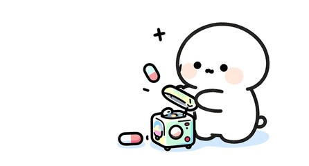 小さな箱にカプセルを入れて整理する白いキャラクター