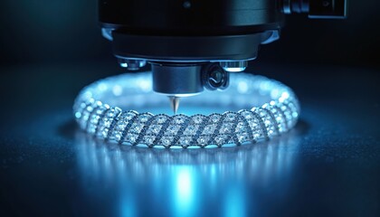Automated machine creates intricate diamond bracelet. Precision manufacturing process for luxury jewelry. Advanced tech crafts exquisite accessory with detailed design.