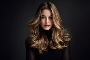 Fototapeta premium Beautiful woman with long wavy shiny straight hair, long loose waves and slightly brown-tinted roots, showcasing elegant hairstyle and natural feminine charm for beauty and fashion themes.