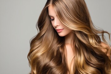 Beautiful woman with long wavy shiny straight hair, long loose waves and slightly brown-tinted roots, showcasing elegant hairstyle and natural feminine charm for beauty and fashion themes.