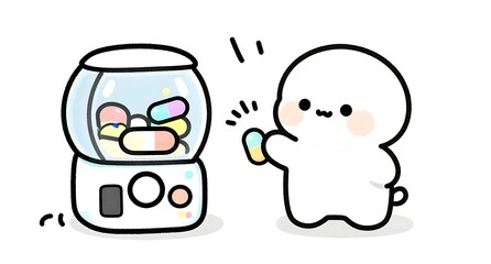Obraz premium 色とりどりのカプセルが入ったガチャガチャを回すキャラクター