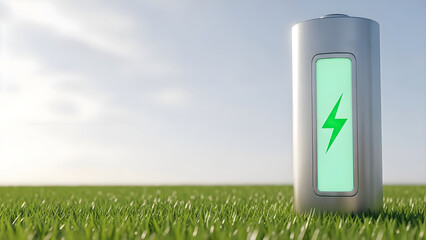 Sleek metallic battery cell standing upright in vibrant green grass under a bright sky symbolizing sustainable energy and renewable power solutions concept