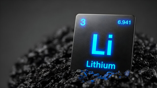 Illuminated lithium element symbol card resting on a bed of dark, coarse mineral chunks representing raw material extraction and energy storage concepts in a dramatic close up.