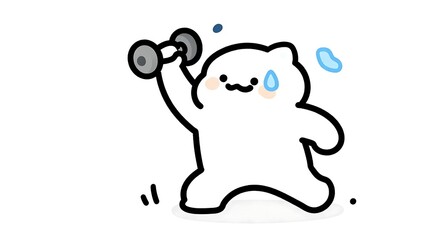 Fototapeta premium ダンベルを持ち上げて筋トレに励む白いキャラクター
