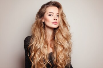 Fototapeta premium Beautiful woman with long wavy shiny straight hair, long loose waves and slightly brown-tinted roots, showcasing elegant hairstyle and natural feminine charm for beauty and fashion themes.
