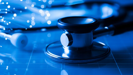 Macro close up of a modern medical stethoscope diaphragm resting on a reflective surface illuminated by glowing blue fiber optic lights suggesting technology in healthcare.