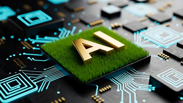 Golden three dimensional letters forming the abbreviation ai rest upon vibrant green artificial turf situated on a complex dark circuit board symbolizing sustainable technology concepts. - Powered by Adobe