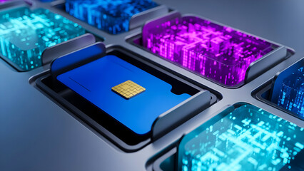 Close up view of a vibrant blue sim card being inserted into a futuristic metallic storage array featuring glowing circuit board visualizations in contrasting neon colors.