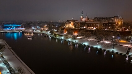 Fototapeta premium Aerial view of Wawel Castle in Krakow in winter covered in snow