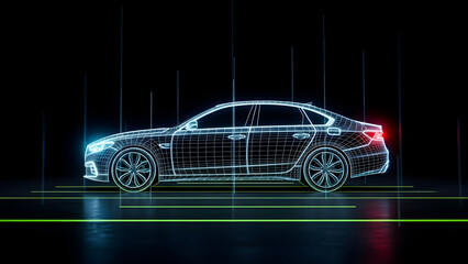 Advanced digital wireframe model of a modern luxury sedan showcasing futuristic holographic automotive design technology in a dark virtual environment